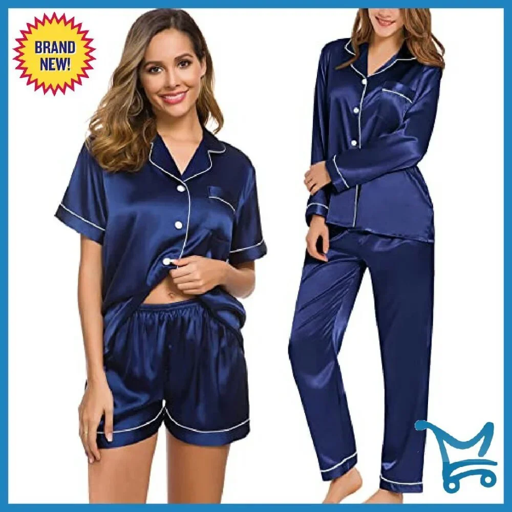 Silk Pajama Set 4Pcs Button Down Sleepwear Loungewear Women's